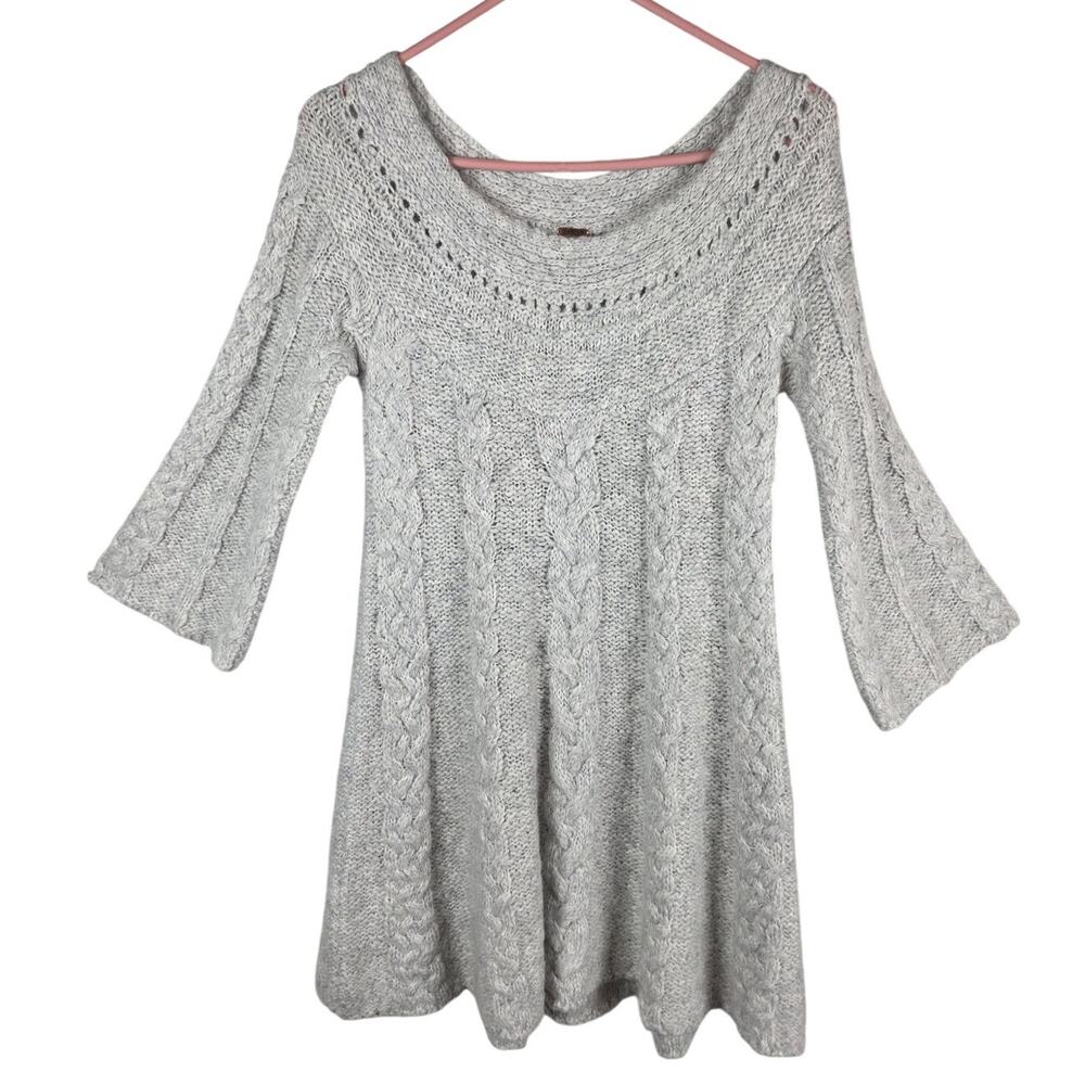 Free People Sweater Sz S Gray Cable Knit Cowl Neck Wool Tunic Top Boho Cozycore